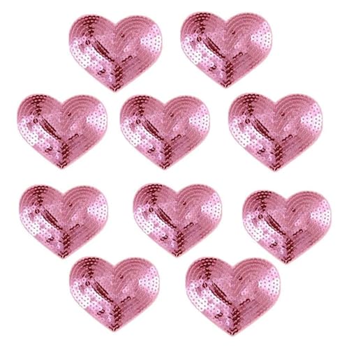 10 Stück glänzende Pailletten-Herz-Aufbügelapplikationen, bestickte Patches, Reparatur(Pink) von PSNKLMM