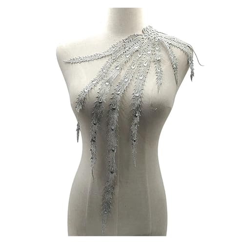 Große bestickte Phoenix-Schwanz-Applikation, Spitze, Stoff, Quaste, Blumenaufnäher, Kragen, Hochzeit, Brautkleid, Besatz, Party, Kleid, Dekoration(Silver) von PSNKLMM