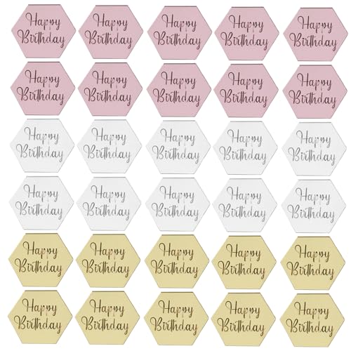 30 Packs Happy Birthday Toppers, Acrylic Mirror Happy Birthday, Acrylic Disc Cake Topper, Personalised Hexagon Cake Topper for Cupcake, Birthday Party, DIY Decoration (Gold, Silver, Rose Gold) von PT Haahoos