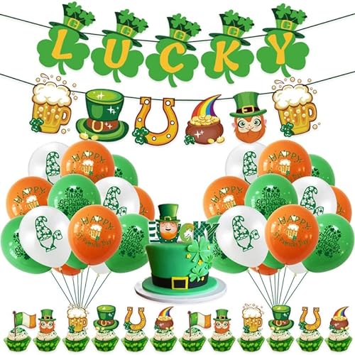 Patrick's Day Dekorationsset, Glücksbanner Zwerg Luftballons Kuchen Topper Ornamente für Zuhause Party Favors Supplies Decor Gnome Ballons Weihnachten von PT-NIUJHG