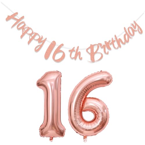 16 Geburtstag Party Dekorationen - Glitzer Happy Birthday Flagge, Rose Gold Party Ballon, Folie 16 Luftballon Zahlen für Mädchen Frauen Prinzessin 16. Geburtstag Party Zubehör von PTECDROTS