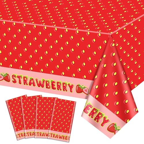 4St. Erdbeer-Tischdecken, süße Tischdecken, rechteckige Erdbeer-Tischdecken, Erdbeer-Geburtstags-Party-Zubehör für Kinder Mädchen Geburtstag Baby-Dusche Sommer Obst Party, 130 x 220cm von PTECDROTS