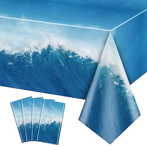 4pcs Ozean Wellen Tischdecken, rechteckige Ozean Party Tischdecken, Blaue Tischdecke, spritzwassergeschützt Tischdekoration für Strand Pool unter dem Meer Geburtstag Party Dekorationen, 130x220cm von PTECDROTS