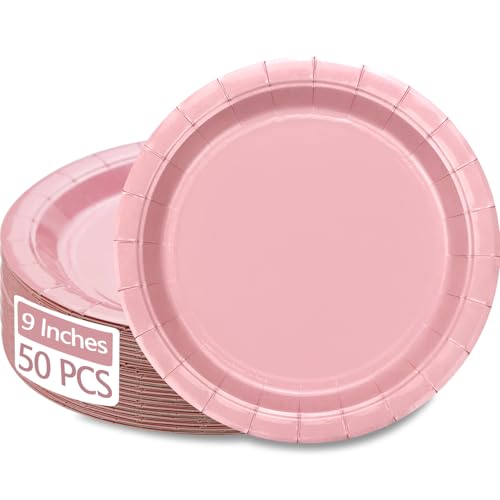 50 Stück rosa Pappteller – 22,9 cm rosa Geburtstagsteller Großpackung Pappteller rosa runde Speiseteller für Mädchen Babyparty Geschlecht Enthüllung rosa Partydekorationen von PTECDROTS