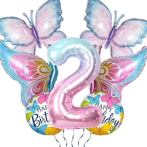 7Pcs Schmetterling Ballons Dekorationen, Farbverlauf rosa Schmetterling Ballons, Riesen Nummer 2 Ballon, Schmetterling Folie Mylar Geburtstag Ballons für Kinder Schmetterling 2. von PTECDROTS