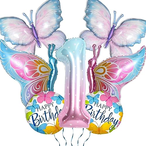 7Pcs Schmetterling Ballons Dekorationen, Farbverlauf rosa Schmetterling Ballons, riesige Nummer 1 Ballon, Schmetterling Folie Mylar Geburtstag Ballons für Kinder Schmetterling 1. von PTECDROTS