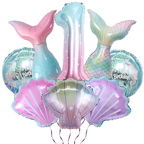 8 Stück Meerjungfrau-Partydekorationen, Luftballons – großer Luftballon Nummer 1, Folien-Meerjungfrauenschwanz-Luftballons, Muschel-Luftballons, runde Luftballons für Kinder von PTECDROTS