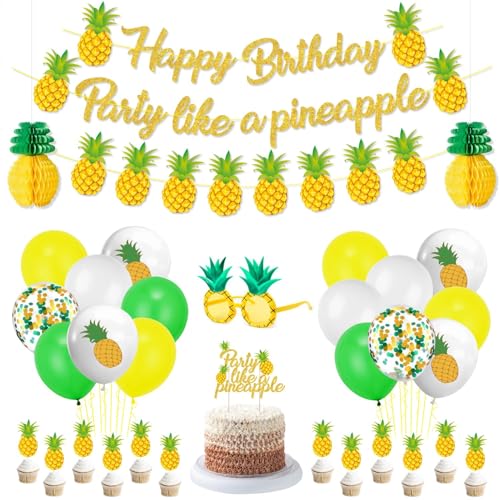 Ananas Dekorationen - Ananas-Banner, Ananas-Ballons, Ananas-Sonnenbrillen, Waben-Mittelstücke, Cupcake Toppers für Aloha Luau Tropical Summer Hawaiian Birthday Party Dekorationen Zubehör von PTECDROTS