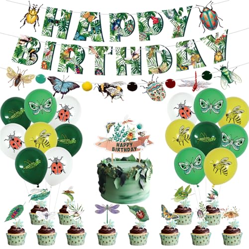 Bug Party Dekorationen - Einschließlich Insekten Thema Luftballons, Happy Birthday Banner, Cake Topper für Frühling Sommer Safari Biene Schmetterling Party Supplies von PTECDROTS
