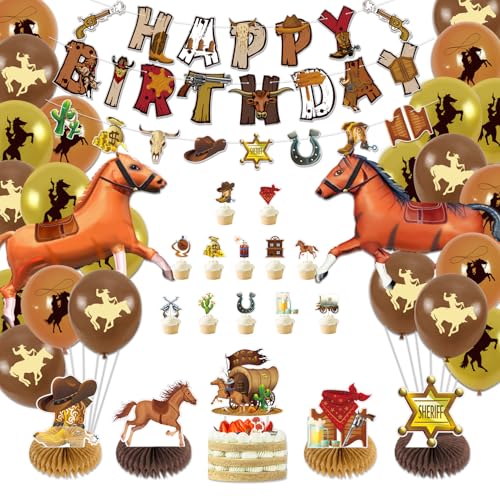Cowboy Party Dekorationen - Cowboy Happy Birthday Banner, Cowboy Luftballons, Pferdeballons, Cupcake Toppers, Waben Centerpieces für Cowboy Geburtstag Dekorationen Zubehör Cowboy Party Dekorationen - Cowboy Happy Birthday Banner, Cowboy Luftballons, Pferdeballons, Cupcake Toppers, Waben Centerpieces für Cowboy Geburtstag Dekorationen Zubehör von PTECDROTS