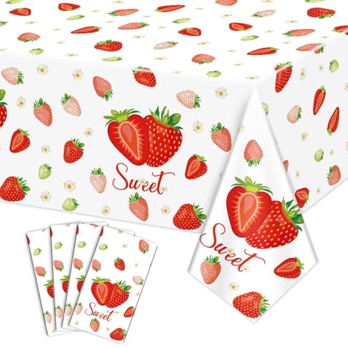 Erdbeer-Tischdecken, Sweet One, rechteckige Erdbeer-Tischdecken, Erdbeer-Tischdecken, Geburtstagsparty-Zubehör für Kinder, Mädchen, Geburtstag, Babyparty, Sommer, Obstparty, 130 x 220 cm, 4 Stück Erdbeer-Tischdecken, Sweet One, rechteckige Erdbeer-Tischdecken, Erdbeer-Tischdecken, Geburtstagsparty-Zubehör für Kinder, Mädchen, Geburtstag, Babyparty, Sommer, Obstparty, 130 x 220 cm, 4 Stück von PTECDROTS