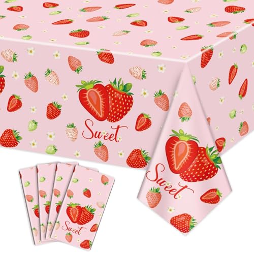 Erdbeer-Tischdecken, Sweet One, rechteckige Erdbeer-Tischdecken, Erdbeer-Tischdecken, Geburtstagsparty-Zubehör für Kinder, Mädchen, Geburtstag, Babyparty, Sommer, Obstparty, 220 x 130 cm, 4 Stück Erdbeer-Tischdecken, Sweet One, rechteckige Erdbeer-Tischdecken, Erdbeer-Tischdecken, Geburtstagsparty-Zubehör für Kinder, Mädchen, Geburtstag, Babyparty, Sommer, Obstparty, 220 x 130 cm, 4 Stück von PTECDROTS