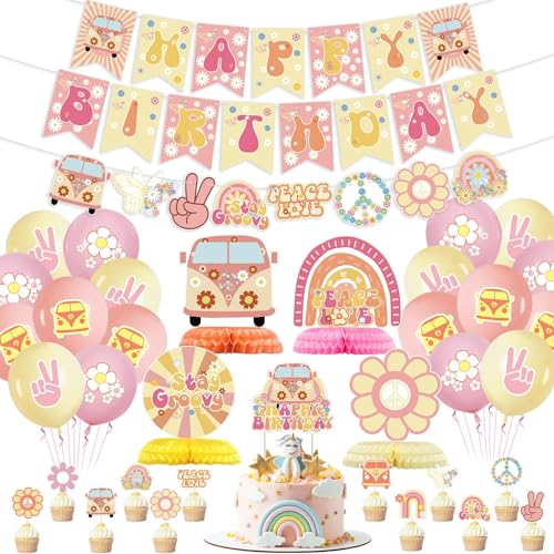 Hippie Party Dekorationen - Groovy Party Dekorationen inklusive Transparent, Hippie Girlande, Gänseblümchen Ballons, Regenbogen Ballon, Kuchen Cupcake Toppers Boho Dekoration für Party Dekorationen von PTECDROTS
