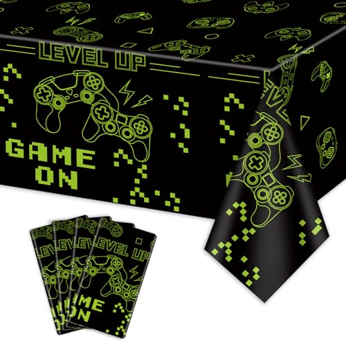 PTECDROTS 4Pcs Game On Tischtücher grüne Videospiel-Party-Tischabdeckungen, rechteckige Tischdekoration für Jungen Gamer Level Up Gaming Party Supplies, 130 x 220cm von PTECDROTS