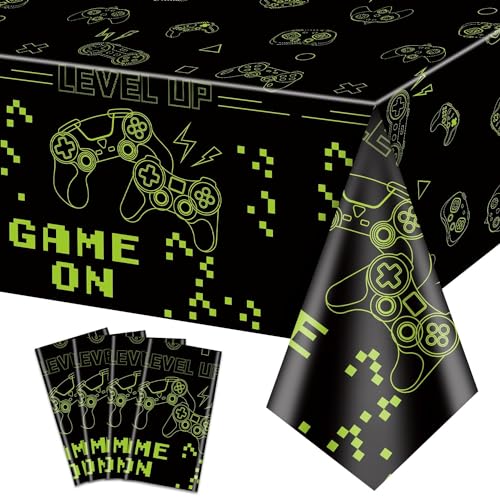 PTECDROTS 4Pcs Game On Tischtücher grüne Videospiel-Party-Tischabdeckungen, rechteckige Tischdekoration für Jungen Gamer Level Up Gaming Party Supplies, 130 x 220cm von PTECDROTS