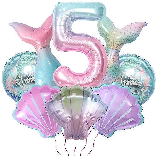 8 Stück Meerjungfrau-Party-Dekorationen, Luftballons – großer Ballon mit der Zahl 5, Folien-Meerjungfrauenschwanz-Luftballons, Muschel-Luftballons, runde Luftballons für Kinder von PTECDROTS