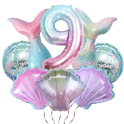 8 Stück Meerjungfrau-Party-Dekorationen, Luftballons – großer Ballon mit der Zahl 9, Folien-Meerjungfrauenschwanz-Luftballons, Muschel-Luftballons, runde Luftballons für Kinder von PTECDROTS