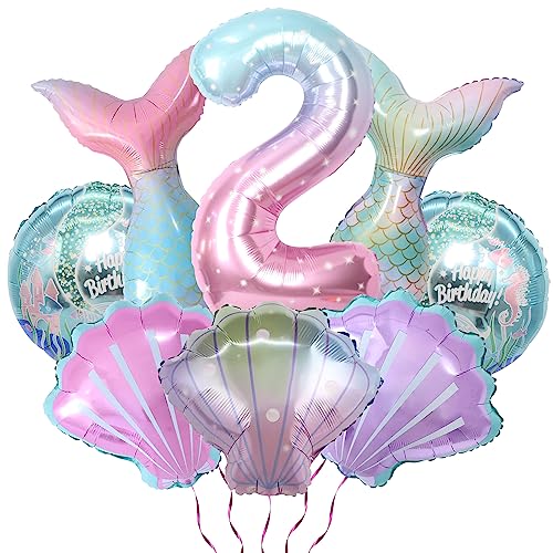 8 Stück Meerjungfrau-Party-Dekorationen, Luftballons – großer Luftballon mit der Nummer 2, Folien-Meerjungfrauenschwanz-Luftballons, Muschel-Luftballons, runde Luftballons für Kinder von PTECDROTS