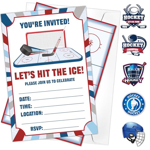 PTECDROTS Hockey-Einladungs-Set mit Umschlägen, Eishockey-Stiker, Hockeykarten, Geburtstagseinladungen für Kinder, Hockey-Geburtstagsdekorationen, 17,9 x 12,9 cm, 20 Stück PTECDROTS Hockey-Einladungs-Set mit Umschlägen, Eishockey-Stiker, Hockeykarten, Geburtstagseinladungen für Kinder, Hockey-Geburtstagsdekorationen, 17,9 x 12,9 cm, 20 Stück von PTECDROTS