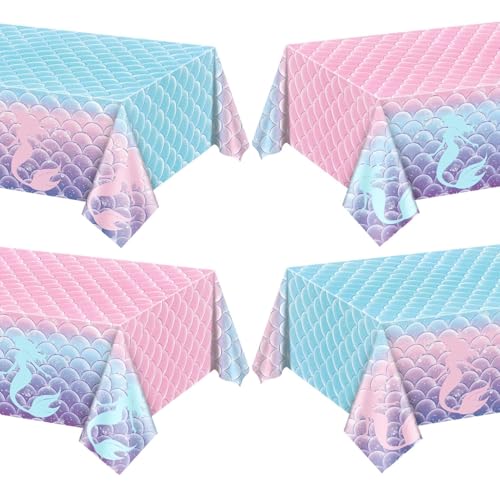 PTECDROTS Meerjungfrau-Tischdecken, rechteckige Meerjungfrau-Tischdecken, Einweg-Tischdecken für Mädchenpartys, unter dem Meer, Babyparty, Meerjungfrauen-Partyzubehör, 130 x 220 cm, 4 Stück von PTECDROTS