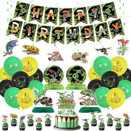 PTECDROTS Reptilien-Party-Dekorationen - einschließlich Reptilien-Thema Ballons, Banner, Kuchen Topper, hängende Strudel für Safari Eidechse Sumpf Reptil Geburtstag Party Supplies PTECDROTS Reptilien-Party-Dekorationen - einschließlich Reptilien-Thema Ballons, Banner, Kuchen Topper, hängende Strudel für Safari Eidechse Sumpf Reptil Geburtstag Party Supplies von PTECDROTS