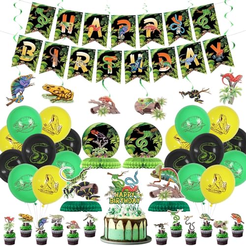 PTECDROTS Reptilien-Party-Dekorationen - einschließlich Reptilien-Thema Ballons, Banner, Kuchen Topper, hängende Strudel für Safari Eidechse Sumpf Reptil Geburtstag Party Supplies von PTECDROTS