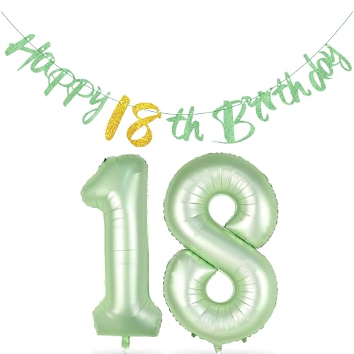 Salbei Grün 18. Geburtstag Dekorationen - Glitter Happy Birthday Flagge, Folie 18. Geburtstag Luftballons für Mädchen Jungen Salbei Grün Geburtstag Dekorationen 18. von PTECDROTS