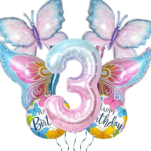 7Pcs Schmetterling Ballons Dekorationen, Farbverlauf rosa Schmetterling Ballons, riesige Nummer 3 Ballon, Schmetterling Folie Mylar Geburtstag Ballons für Kinder Schmetterling 3. von PTECDROTS