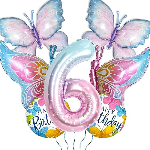 7Pcs Schmetterlingsballons Dekorationen, Farbverlauf rosa Schmetterlingsballons, riesige Zahl 6 Ballon, Schmetterlingsfolie Mylar Geburtstag Ballons für Kinder Schmetterling 6th Geburtstag von PTECDROTS