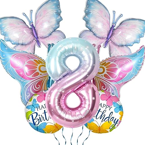 7Pcs Schmetterling Ballons Dekorationen, Farbverlauf rosa Schmetterling Ballons, riesige Nummer 8 Ballon, Schmetterling Folie Mylar Geburtstag Ballons für Kinder Schmetterling 8. Geburtstag Zubehör von PTECDROTS