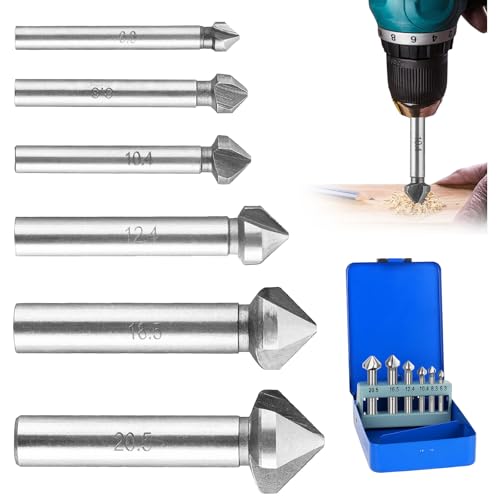 Kegelsenker 90°, 6 Stück Versenkbohrer 6.3-20.5 mm HSS Senker Metall Entgrater Senkbohrer Metall Senkkopfbohrer Kegelsenker Bohrer Set für Edelstahl Gusseisen Kunststoff von PTHDEW