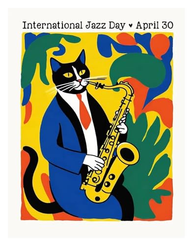 Wandkunst-Leinwanddrucke Lustige Katzen Französisch Jazz Und Wein Poster Lesen Hobbys Cartoon Drucke Leinwand Malerei Wand Kunst Bilder Home Wohnzimmer Dekor(B,30x40cm) von PTHEN