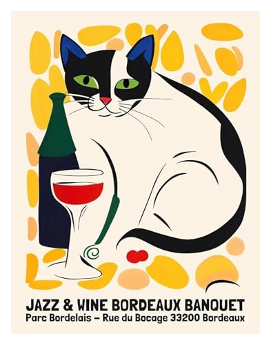 Wandkunst-Leinwanddrucke Lustige Katzen Französisch Jazz Und Wein Poster Lesen Hobbys Cartoon Drucke Leinwand Malerei Wand Kunst Bilder Home Wohnzimmer Dekor(E,40x60cm) von PTHEN