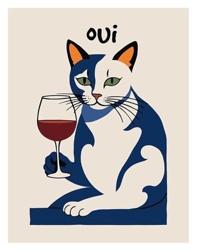 Wandkunst-Leinwanddrucke Lustige Katzen Französisch Jazz Und Wein Poster Lesen Hobbys Cartoon Drucke Leinwand Malerei Wand Kunst Bilder Home Wohnzimmer Dekor(K,40x60cm) von PTHEN