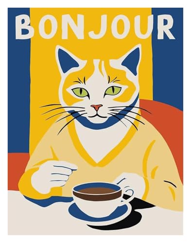 Wandkunst-Leinwanddrucke Lustige Katzen Französisch Jazz Und Wein Poster Lesen Hobbys Cartoon Drucke Leinwand Malerei Wand Kunst Bilder Home Wohnzimmer Dekor(M,30x40cm) von PTHEN