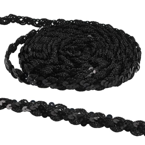 15M Elastisches Paillettenband Bunt, 15MM Bunte Paillette Trim, Paillettenband Besatz Aus Stoff, Stretch Schwarz für Nähen, Schmuck Machen, Basteln, Kleid Dekorieren (Schwarz) von PTJJXA
