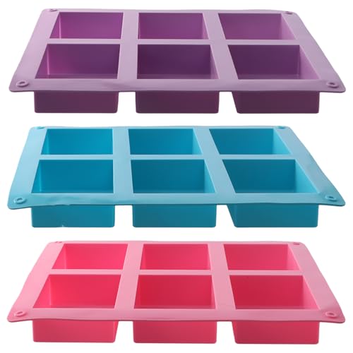 3 Stück 6-Fach Rechteckige Silikonform, Seifenformen Silikon, Seifenform für DIY Hausgemachte Handwerk, Silikonform Riegel, Kuchenform für Schokolade, Pudding, Brownie (Rosa, Blau, Lila) von PTJJXA