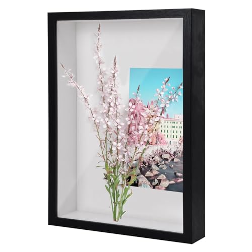 3D Bilderrahmen zum Befüllen, 3D Tief Objektrahmen A4, Schattenbox Vitrine Rahmen mit Transparente Acrylplatte Rahmen, Hölzern 3D Rahmen für Erinnerungsstücke Blumen Medaillen Foto (Schwarz 3CM) von PTJJXA