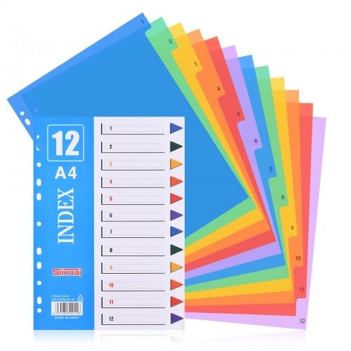 PTJJXA 12er-Set A4 Register für Ordner, Farbige Ordner Trennblätter, Kunststoff, Polypropylen, A4, 11 Löcher von PTJJXA