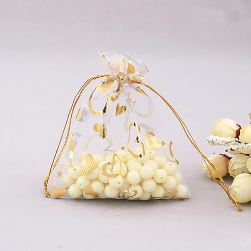 100 Stück Organzasäckchen 13*18cm Organzabeutel Liebe Herz Geschenkbeutel mit Kordelzug Hochzeitsbevorzugung Schmuckbeutel zum Befüllen für Hochzeit Weihnachten Valentinstag Party-Gold Weiße von PTNKUIIY