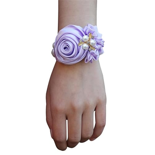 2 Stück Brautjungfer Hochzeit Handgelenk Blume,Braut Handgelenk Corsage Hochzeit Handgelenk Blumen Elastisch Perle Handgelenk Corsage Handgelenk Hand Blume für Frauen und Mädchen -Helles Lila von PTNKUIIY