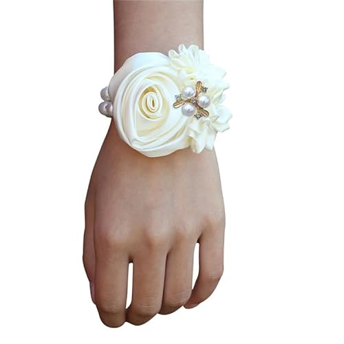 PTNKUIIY 2 Stück Brautjungfer Hochzeit Handgelenk Blume,Braut Handgelenk Corsage Hochzeit Handgelenk Blumen Elastisch Perle Handgelenk Corsage Handgelenk Hand Blume für Frauen und Mädchen -Beige von PTNKUIIY