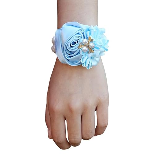 PTNKUIIY 2 Stück Brautjungfer Hochzeit Handgelenk Blume,Braut Handgelenk Corsage Hochzeit Handgelenk Blumen Elastisch Perle Handgelenk Corsage Handgelenk Hand Blume für Frauen und Mädchen -Hellblau von PTNKUIIY