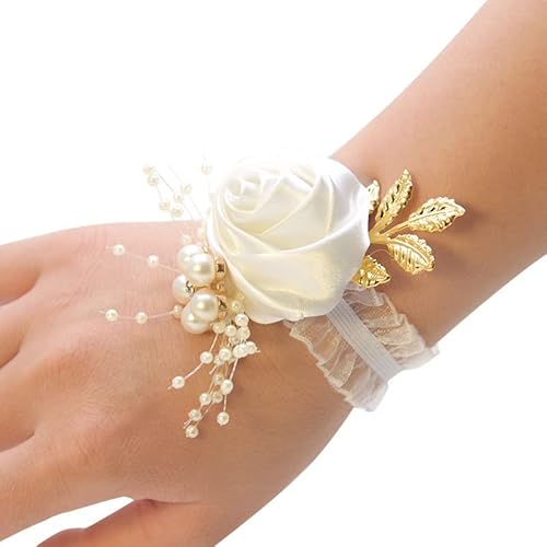 PTNKUIIY Handgelenk Blume,Hochzeit Handgelenk Blumen mit Perle Strass Handgelenk Hand Blume Corsage Blumenarmband Rose Corsage Armreif für Festival,Strand Party,Abschlussball Zubehör -Weiße von PTNKUIIY