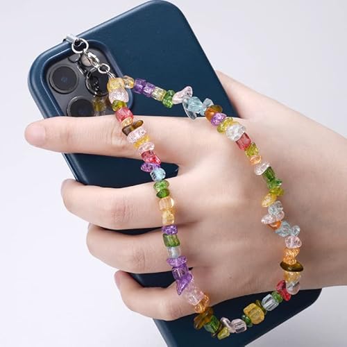 PTNKUIIY Handykette Bunt Handyanhänger, Gradient Natürlicher Kristallstein Kies Handykette Perlen Kette Telefon Lanyard Handy Charm Telefonkette Handyschmuck Handschlaufe Anhänger Kette Für Frauen von PTNKUIIY