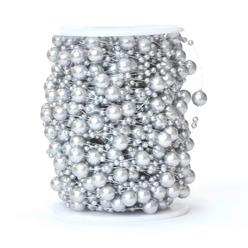 PTNKUIIY Perlengirlande,30m Perlenkette Deko Perlenband Trim Perlenschnur Geschenkband Dekoband mit Angelschnur Kunstperlen Perlenkette für DIY Handwerk Hochzeit, Brautstrauß, Partydekoration,Silber von PTNKUIIY