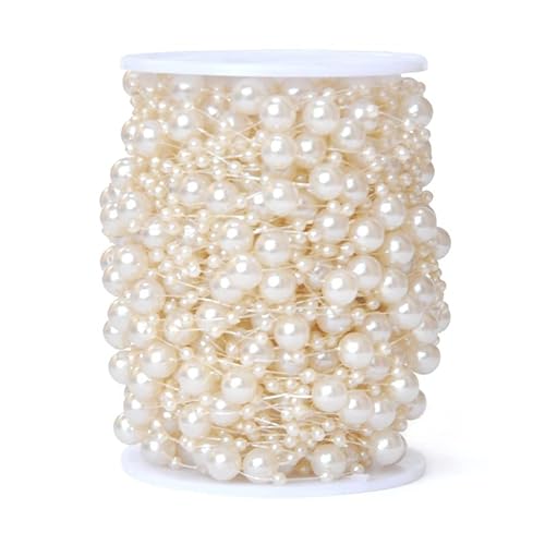 PTNKUIIY Perlengirlande,30m Perlenkette Deko Perlenband Trim Perlenschnur Geschenkband Dekoband mit Angelschnur Kunstperlen Perlenkette für DIY Handwerk Hochzeit, Brautstrauß, Partydekoration,Beige von PTNKUIIY