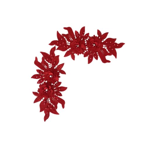 PTNKUIIY Stickerei Spitzen Aufnäher - 1 Paar 3D Blumen Spitzen Applikationen Blumen-Stickerei-Aufnäher Zum Aufnähen Kragenbesatz Aufnäher für Hochzeitskleid Kleid Brautkleid DIY Handwerk -Rot von PTNKUIIY