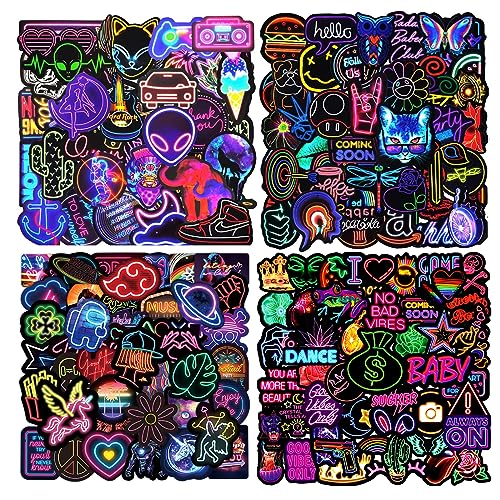 Aufkleber 200 Stück Neon Sticker Set Wasserfeste Vinyl Sticker Decals Coole Graffiti Sticker für Laptop Skateboard Scrapbook Trinkflasche MacBook IPad Handy Tagebuch Tassen Moped Fahrrad Koffer usw von PUCIO