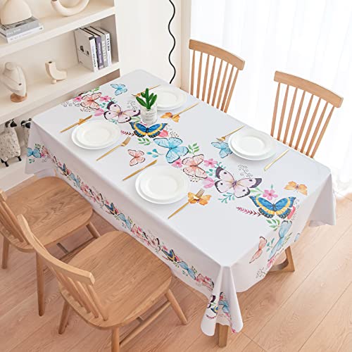 PUDSIRN Abwischbare quadratische Tischdecke, weißes Schmetterlings-Blumenmuster, PVC, abwischbare Tischdecke, wasserdichte, staubabweisende Kunststoff-Party-Tischdecke für Hochzeiten (140 x 240 cm) von PUDSIRN